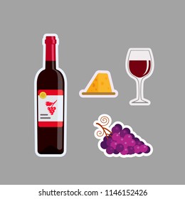 Vector illustration of stickers of bottle red, glass, grapes and cheese, isolated on gray background