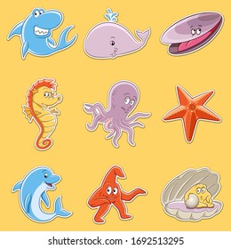 Vector Illustration of Stickers of Cartoon Sea Animals
