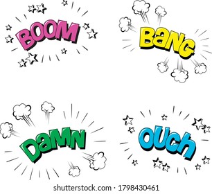 vector illustration of stickers in comic style, boom, bang, damn, ouch