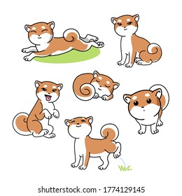 vector illustration stickers with cute funny shiba inu dogs on a white background