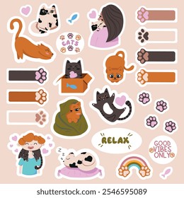 Vector illustration, stickers with cute kitties for kids. Love for pets. Cats in different poses. Emotions. EPS 10
