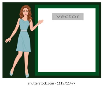 Vector illustration of stickers, girl advertising display on text or product, invitation in hand call, frame template for decoration.