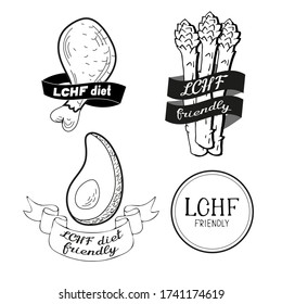 Vector illustration with stickers for ketogenic diet, lchf and paleo diet products and foods