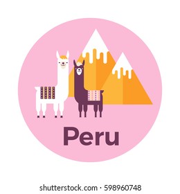 Vector illustration stickers or label of Peru with mountains and lamas. Flat design style.