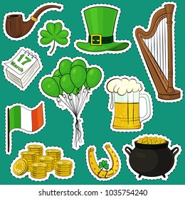 Vector illustration of stickers on the day of Saint Patrick. Set of stickers of shamrock, tall hat, harp, calendar, mug with beer, pot of gold, horseshoe, Ireland flag, balloons, smoking tobacco pipe