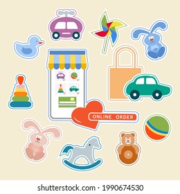 Vector illustration Stickers pack Online order Kid toy Happy childhood Gaming items Pinwheel Car Pyramid Ball Rocking horse Tumbler Rabbit Duck Primary school Elementary grade Kindergarten Game Play