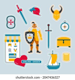 Vector illustration Stickers pack Online order Kid toys Knight, sword, shield, helmet, treasure chest, ship, compass. Happy childhood Gaming items Primary school Elementary grade Kindergarten Game