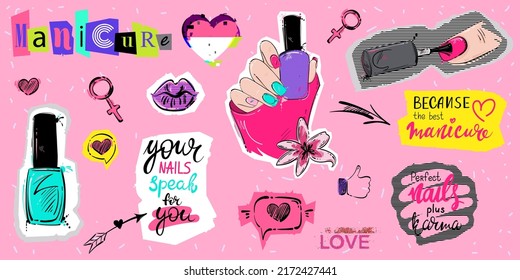 Vector illustration of stickers of phrases, nail polish, heart, arrow and more in collage style.Psychedelic background. Set of trippy elements for beauty salon design. Manicure