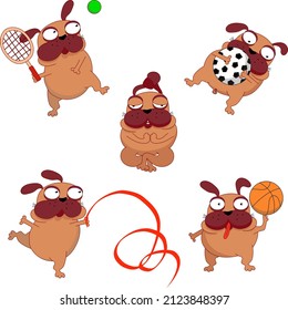 vector illustration stickers set of pug dogs engaged in sports.tennis, basketball, football and gymnastics