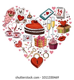 Vector illustration of stickers in the shape of a heart for Valentine's day. The illustration shows glasses with champagne, a gift, a kiss, a bow and a cupid arrow, cake, love key, a bouquet of roses