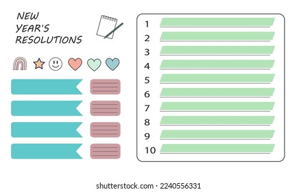 Vector illustration, stickers, writing notes, list and checklist in pastel colors of new year's goals and resolutions, numbered from 1 to 10.