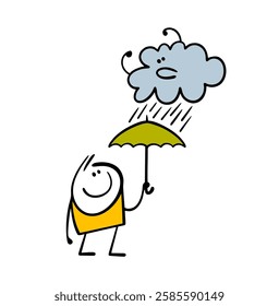 Vector illustration of a stickman hiding from the rain under an umbrella. Satisfied man and  harmful thundercloud. Isolated character on white background.