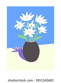 Vector illustration of still life, black vase with white flowers