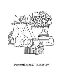 Vector illustration. Still Life with a cat and a cup. Contour drawing.