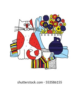 Vector illustration. Still Life with a cat and a cup.