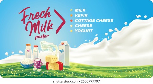Vector illustration: still life with dairy products against a milk splash backdrop and rural summer landscape. Rustic fresh farm products.