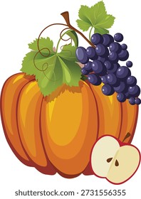 Ilustração vetorial de uma natureza morta com uma grande abóbora laranja, uvas roxas escuras com folhas, e uma maçã dividida pela metade. A cena representa uma abundante colheita de outono, perfeita para o Dia de Ação de Graças, desenhos sazonais ou decorações temáticas do outono.