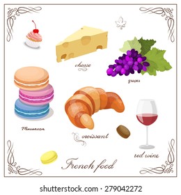 Vector illustration still life with fruit, wine, che?se, croissant, macarons and grapes for restaurant or store. French food sweet set.