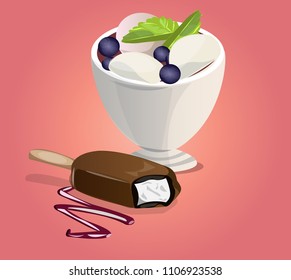 
Vector Illustration Still life of Ice-cream in a Cup and Shokolodny Eskimo