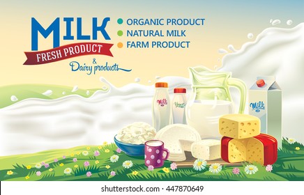 Ainda vida de grupo de produtos de leite no fundo de respingo de leite e a paisagem de verão rural.