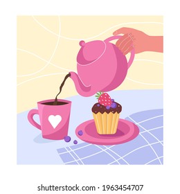 Vector illustration with still life. Teapot with tea and cupcake.
