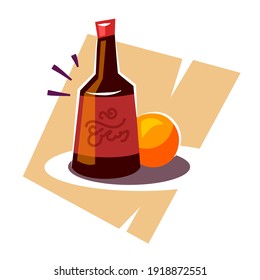 Vector illustration of still life with wine bottle and fruit orange, flat style design