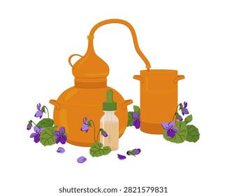Vector illustration of a still and Viola odorata. Old copper still for producing essential oils and floral distillates. A device for home production of violet extract. Craft product for aromatherapy