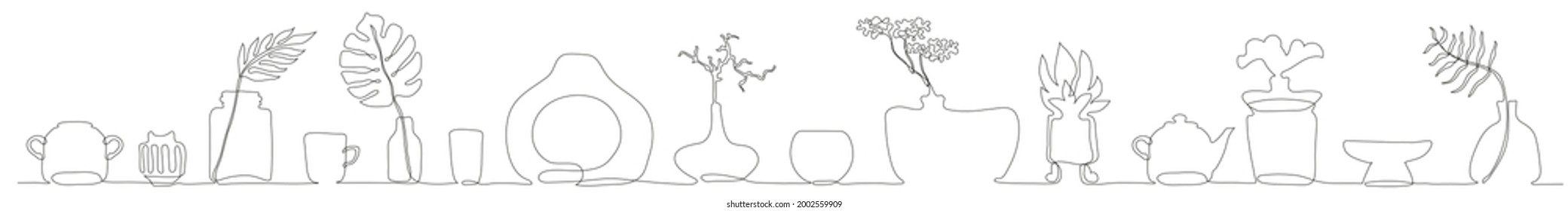 Vector illustration of still-life. Adam's rib leaf, palm tree branch and other floral elements in vases. Modern one line art. Can be use as horizontal banner for web site and social media templates