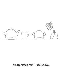 Vector illustration of still-life. Tea cup, teapot, sugar bowl and palm leaf in vase. Modern one line art. Can be use as home decor such as posters, t-shirt print or embroidery