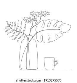 Vector illustration of still-life. Tropical leaves in vase and tea cup. Modern one line art. Can be use as home decor such as posters, wallpapers, embroidery and as social media design