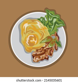 ilustración vectorial agitar curry de pollo frito con huevo puesto en un plato sobre fondo marrón.