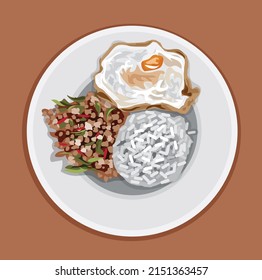 Vektorgrafik Stir gebratenen thailändischen Basilikum mit Hackfleisch und einem frittierten Ei auf einem Teller, brauner Hintergrund.