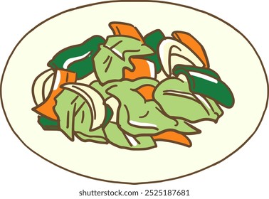 Ilustración vectorial de repollo frito, zanahoria, pimiento verde y cebolla en un plato