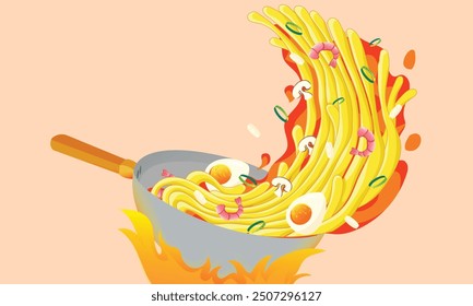 Vector Illustration of Stir-Fried Noodles with Shrimp, Eggs, and Vegetables in a Wok - A Colorful Representation of Authentic Asian Cuisine