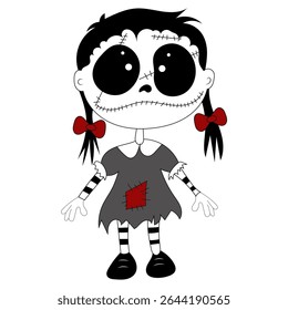 Vector illustration of a stitched doll girl with large eyes, red bows, and a tattered gray dress with a red patch, set against a white background.