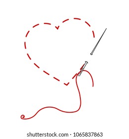 A vector illustration of stitched heart, needle with thread. Embroidery stylization with stitches. Background for Valentines day, marriage or betrothal