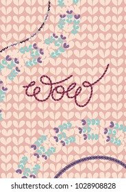 Vector illustration with stitched lettering "wow" and embroidery on knitted background in pale colors.