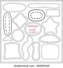 Vector Illustration of stitched ribbon patches. Hand-drawn doodle elements, frames. Patchwork. Set of labels black and white frame in different shapes, imitating hand stitch with a bow