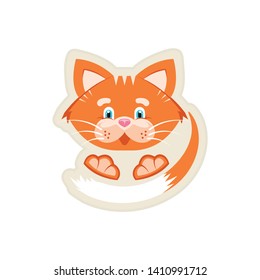 Vector illustration. Stker. Orange cat with a big face, tail and paws. White background. Cartoon character for printing on children's clothing, veterinary products, pet food. Print for t-shirts.