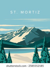 Vector illustration. St.Mortiz. Travel banner, poster, postcard, cover. Travel, nature, mountains.