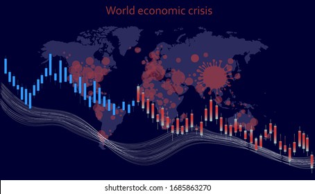 Ilustración vectorial de los cambios en el mercado de valores durante la pandemia del coronavirus Covid-19. Gráfico de operaciones de divisas en forma gráfica.La crisis económica global. Mapa de la propagación del virus en el mundo. 