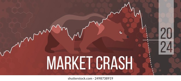 Una Ilustración vectorial de la caída del mercado de valores en 2024. Oso rojo con fondo hexagonal