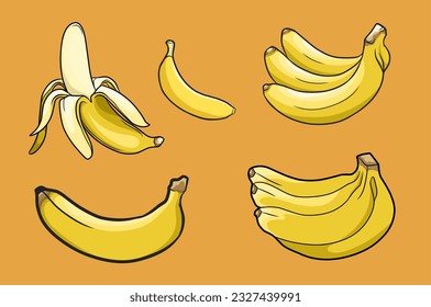 vector illustration stock set of banana fruit on orange background.