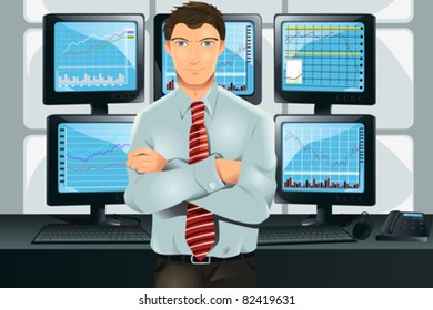 A vector illustration of a stock trader in his office in front of multiple monitors showing graphs