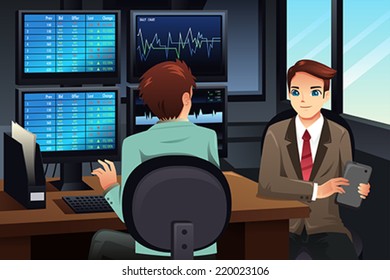 A vector illustration of stock trader looking at the stock market monitors