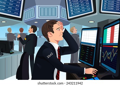 A vector illustration of stock trader in stress looking at the computer