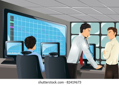 A vector illustration of stock traders working in an office