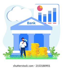 Vector illustration of stock trading concept. The character invests money in the stock market. Business people who analyze financial charts, charts and diagrams and other data.