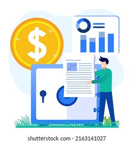 Vector illustration of stock trading concept. The character invests money in the stock market. Business people who analyze financial charts, charts and diagrams and other data.