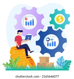 Vector illustration of stock trading concept. The character invests money in the stock market. Business people who analyze financial charts, charts and diagrams and other data.